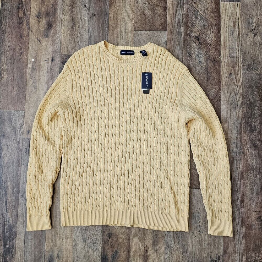 NWT Vtg. Grant Thomas Cable Knit Cotton Crew Neck Sweater Yellow Men's M.  Rare